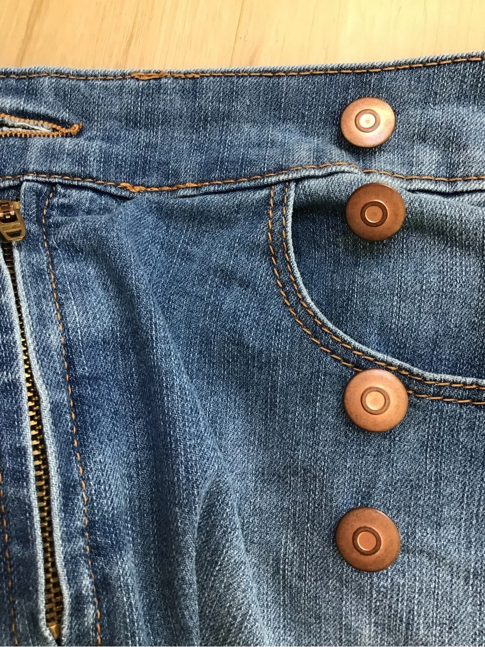 Blue Jean Denim‎ Asymmetrical Wrap Faded Frayed Mini Skirt Sz 9 Military Buttons
